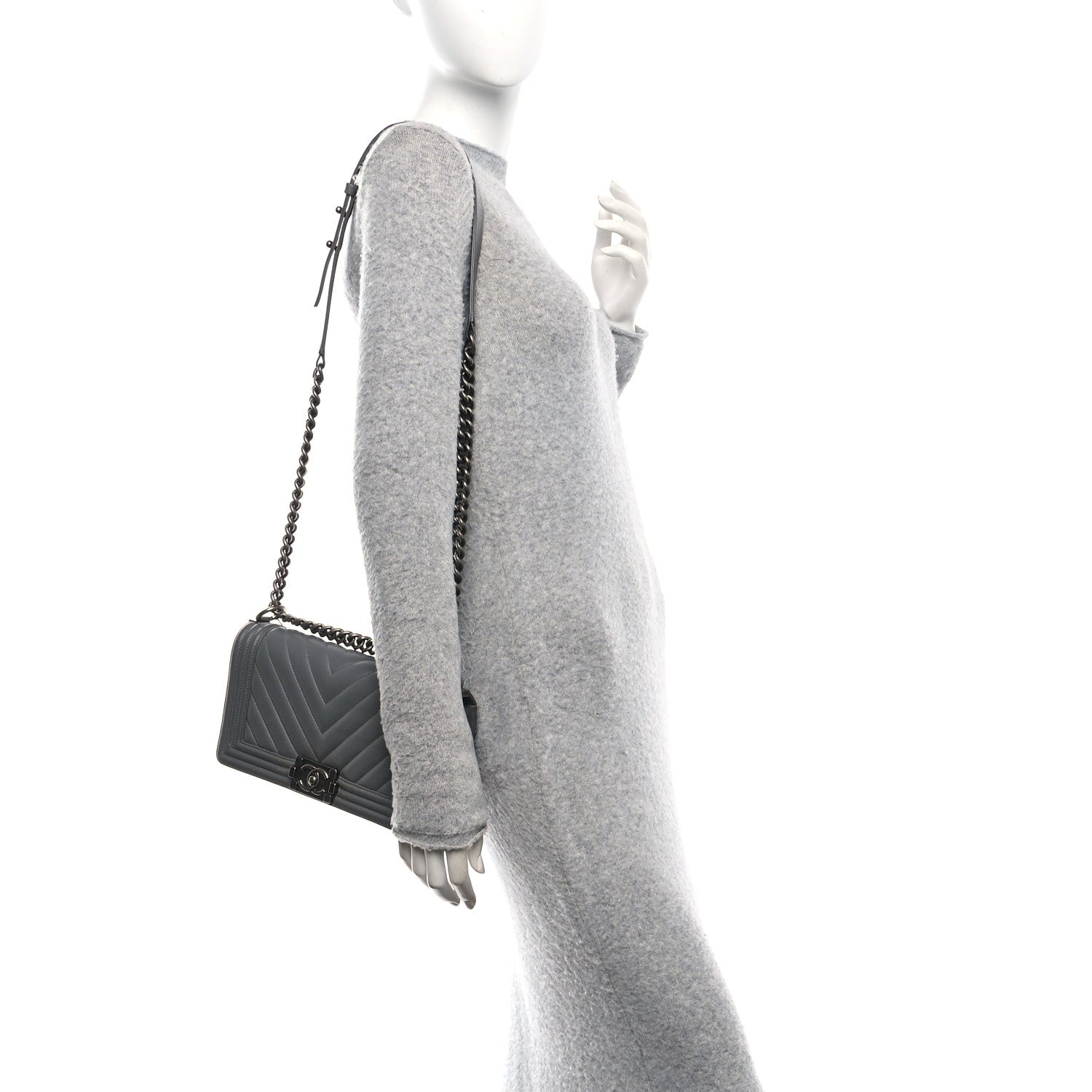 Chanel Lambskin Chevron Quilted Medium Boy Flap Grey
