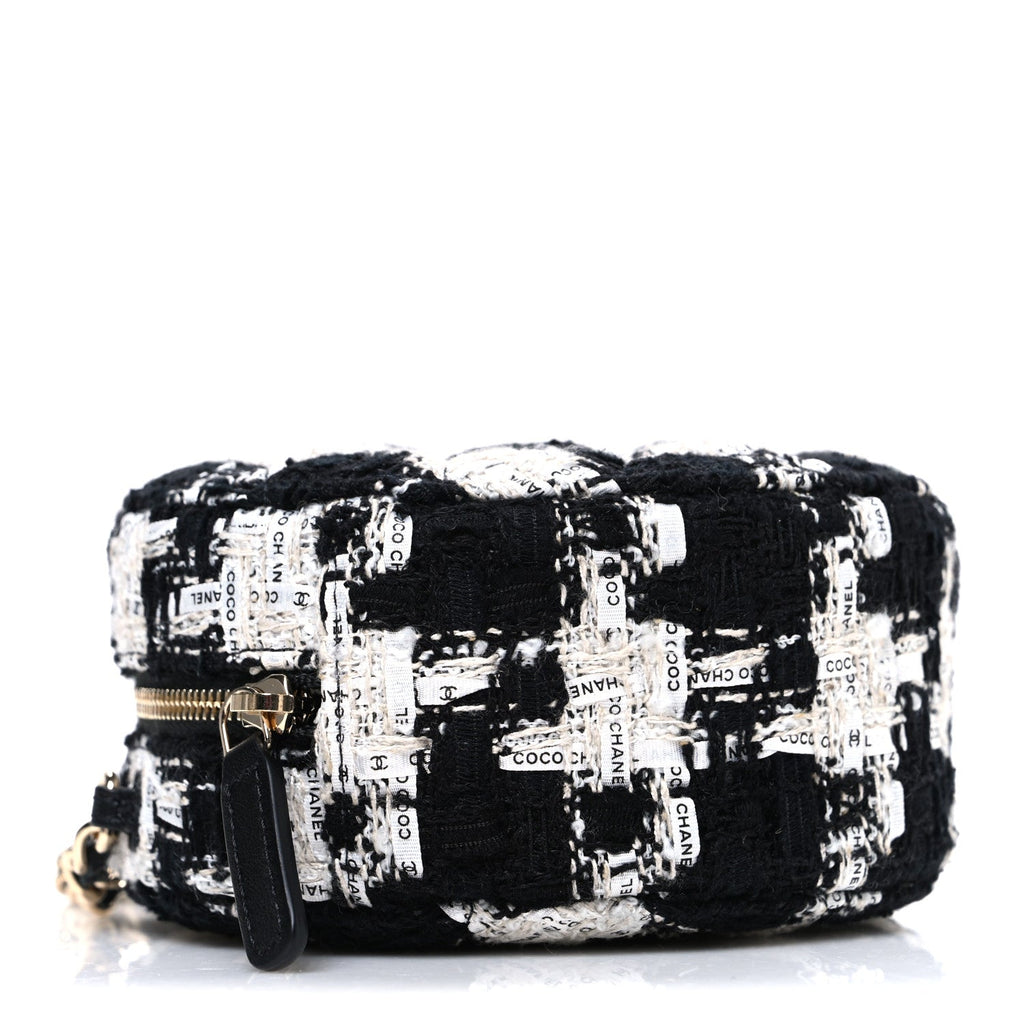 Chanel Tweed Quilted Round Clutch With Chain Black Ecru White