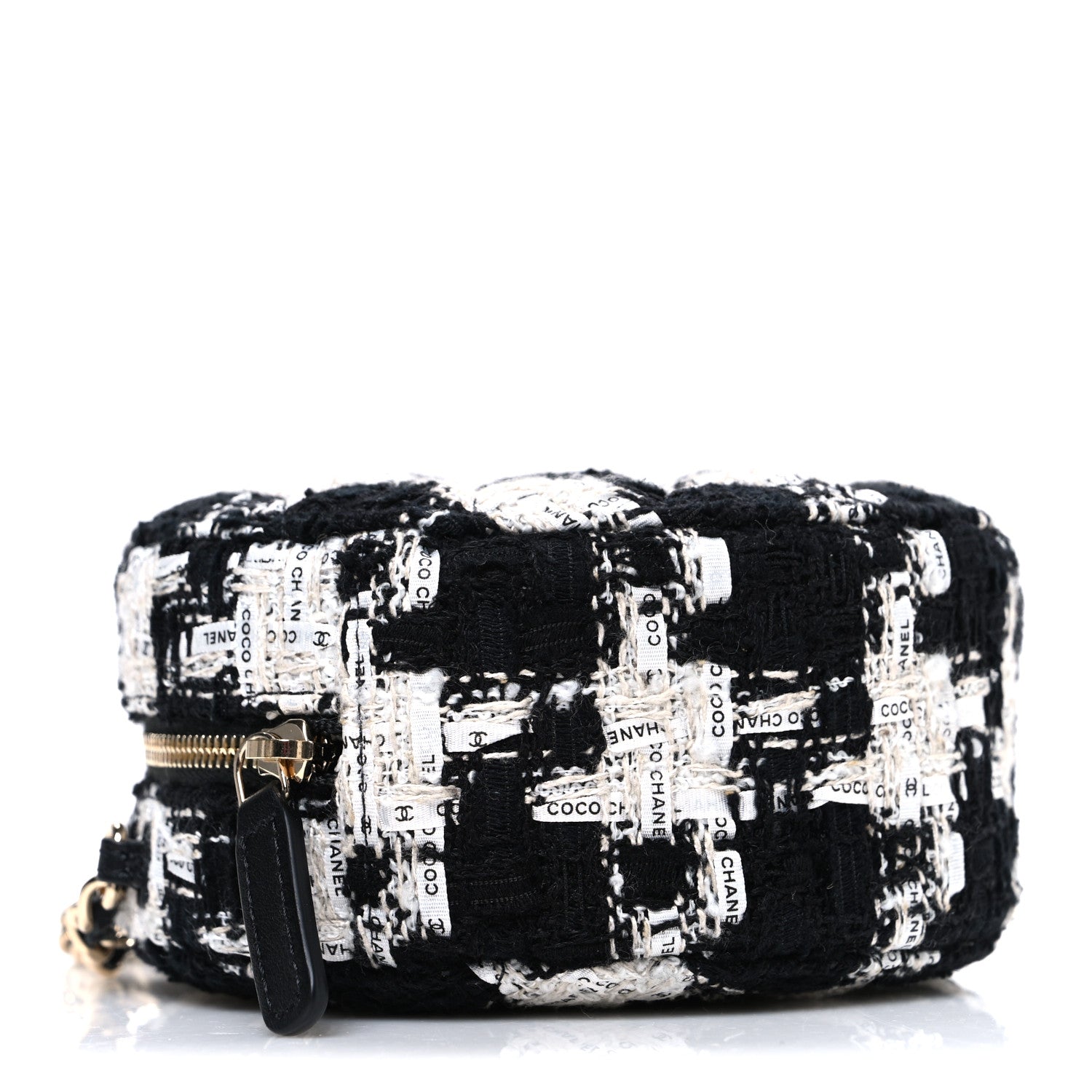 Chanel Tweed Quilted Round Clutch With Chain Black Ecru White