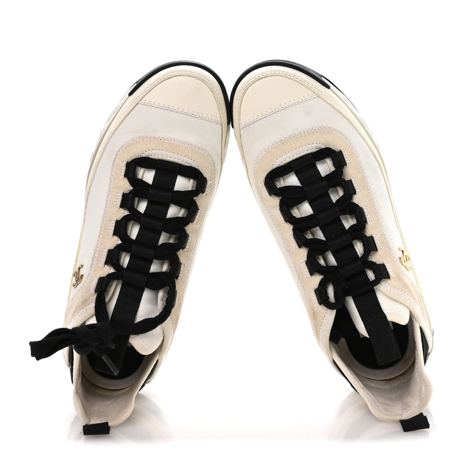 Chanel Velvet Calfskin Mixed Fibers CC Sneakers 37 Ivory Black