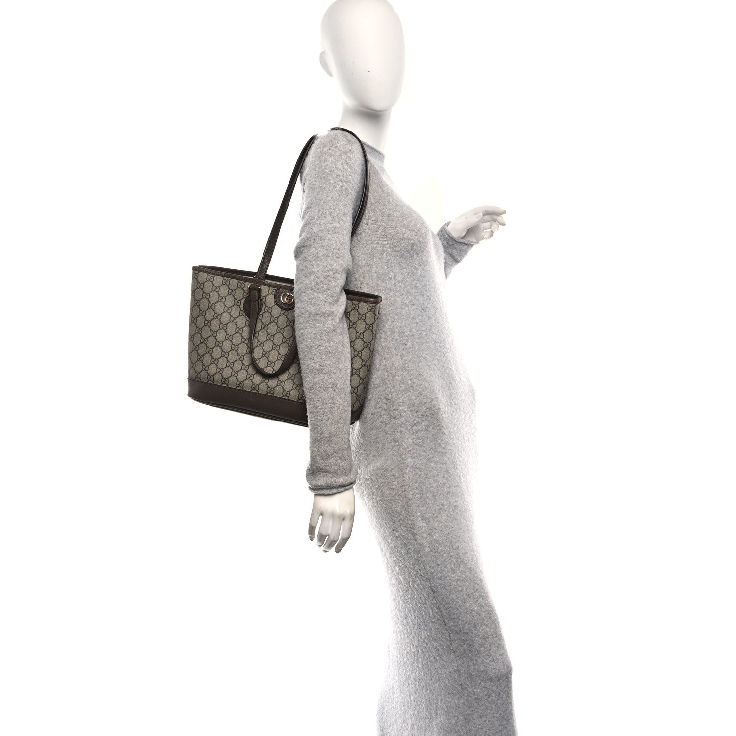 Gucci GG Supreme Monogram Textured Calfskin Small Ophidia Shoulder Tote Bag Beige Ebony New Acero