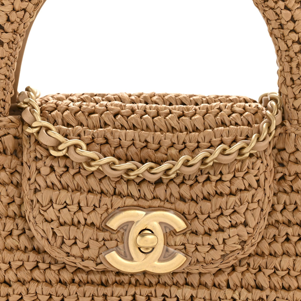 Chanel Braided Raffia Nano Kelly Flap Bag Dark Beige