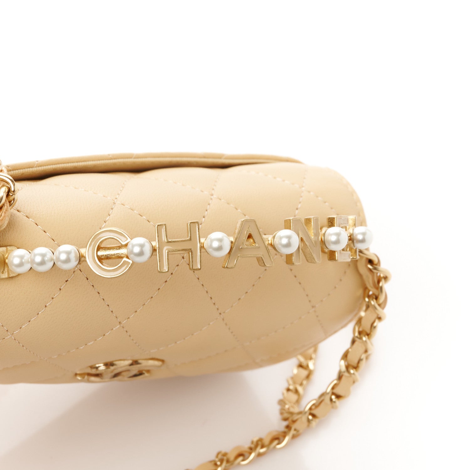 Chanel Lambskin Quilted Pearl Top Handle Flap With Chain Beige
