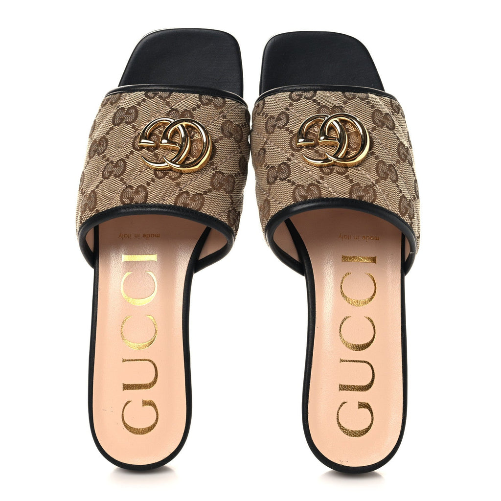 Gucci Monogram Matelasse Diagonal GG Marmont Flat Slide Sandals 37.5 Beige Ebony Black