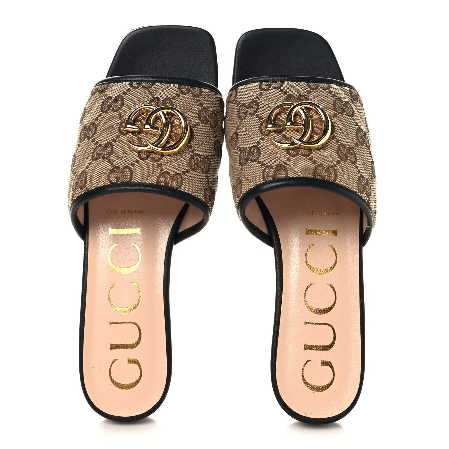 Gucci Monogram Matelasse Diagonal GG Marmont Flat Slide Sandals 37.5 Beige Ebony Black