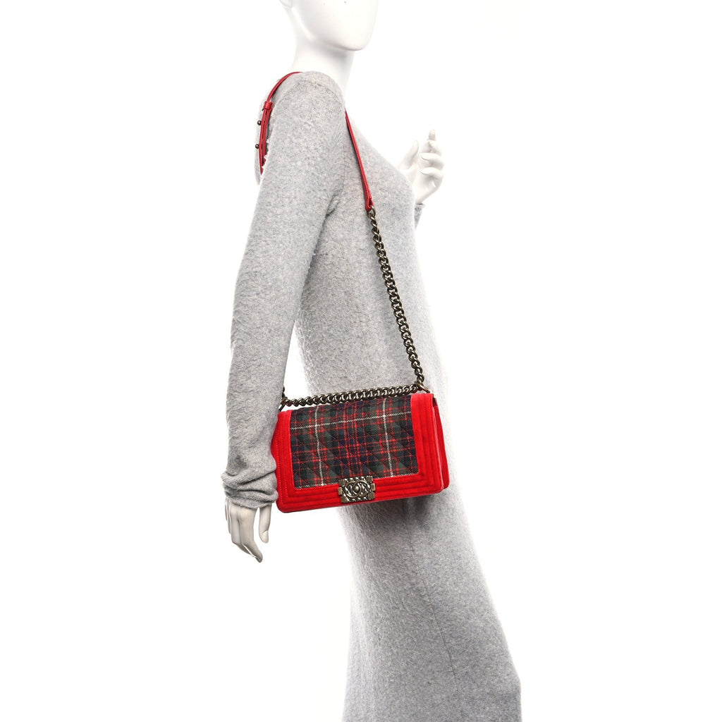 Chanel Velvet Plaid Tartan Quilted Medium Boy Flap Red