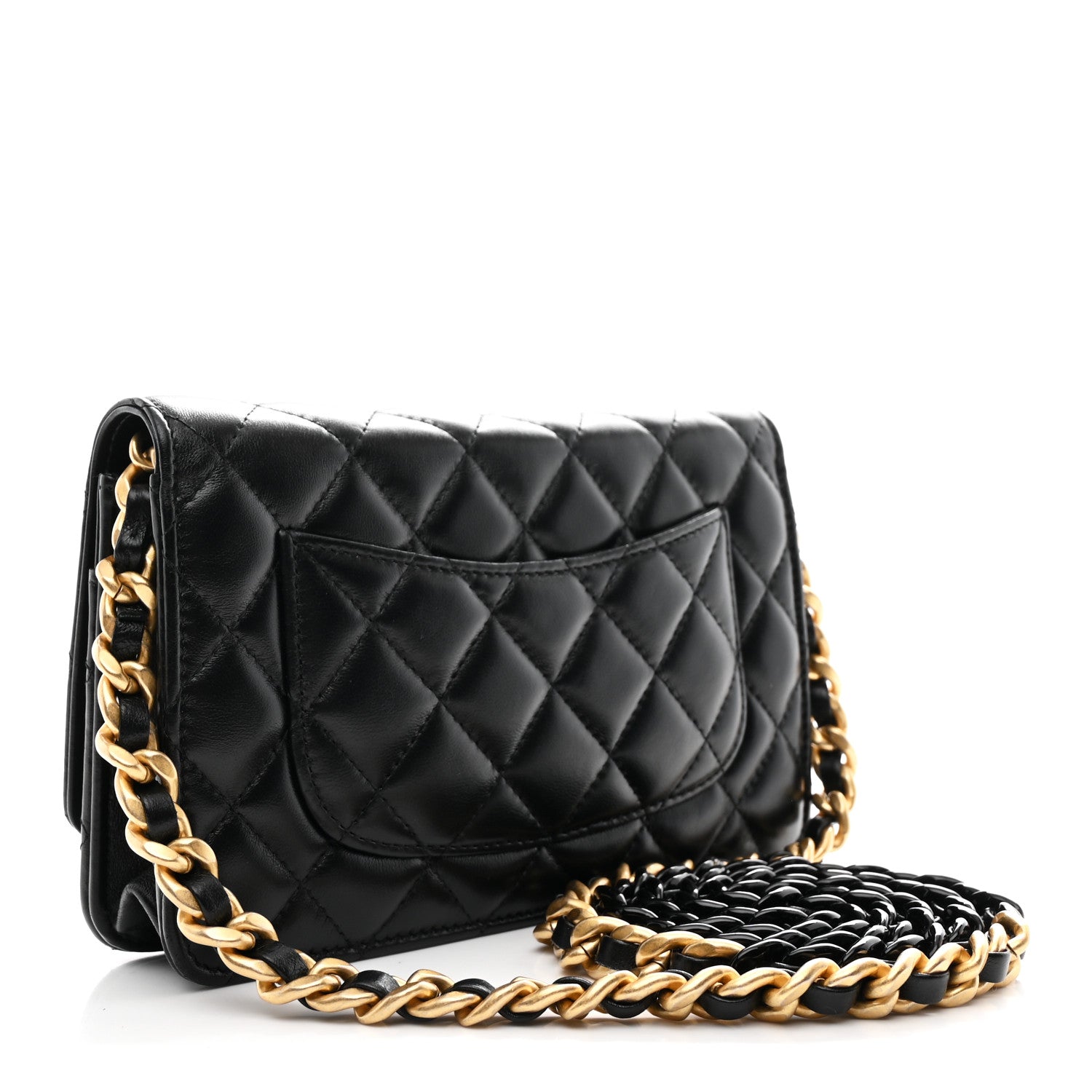 Chanel Lambskin Resin Quilted Wallet On Chain WOC Black