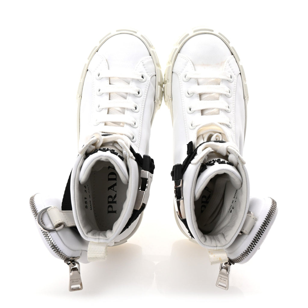 Prada Re-Nylon Gabardine Metal Triangle Logo Wheel Pouch Pocket High Top Sneakers 36 White