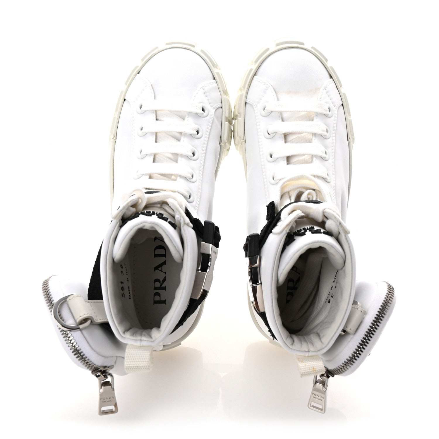 Prada Re-Nylon Gabardine Metal Triangle Logo Wheel Pouch Pocket High Top Sneakers 36 White