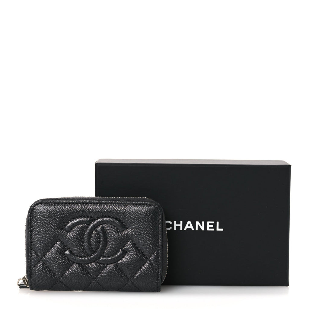 Metallic Caviar Quilted CC Zip Around Coin Purse Wallet Dark Grey