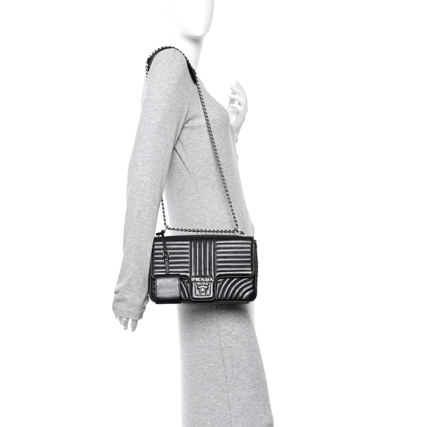 Prada Soft Calfskin Impunture Diagramme Large Chain Flap Shoulder Bag Black