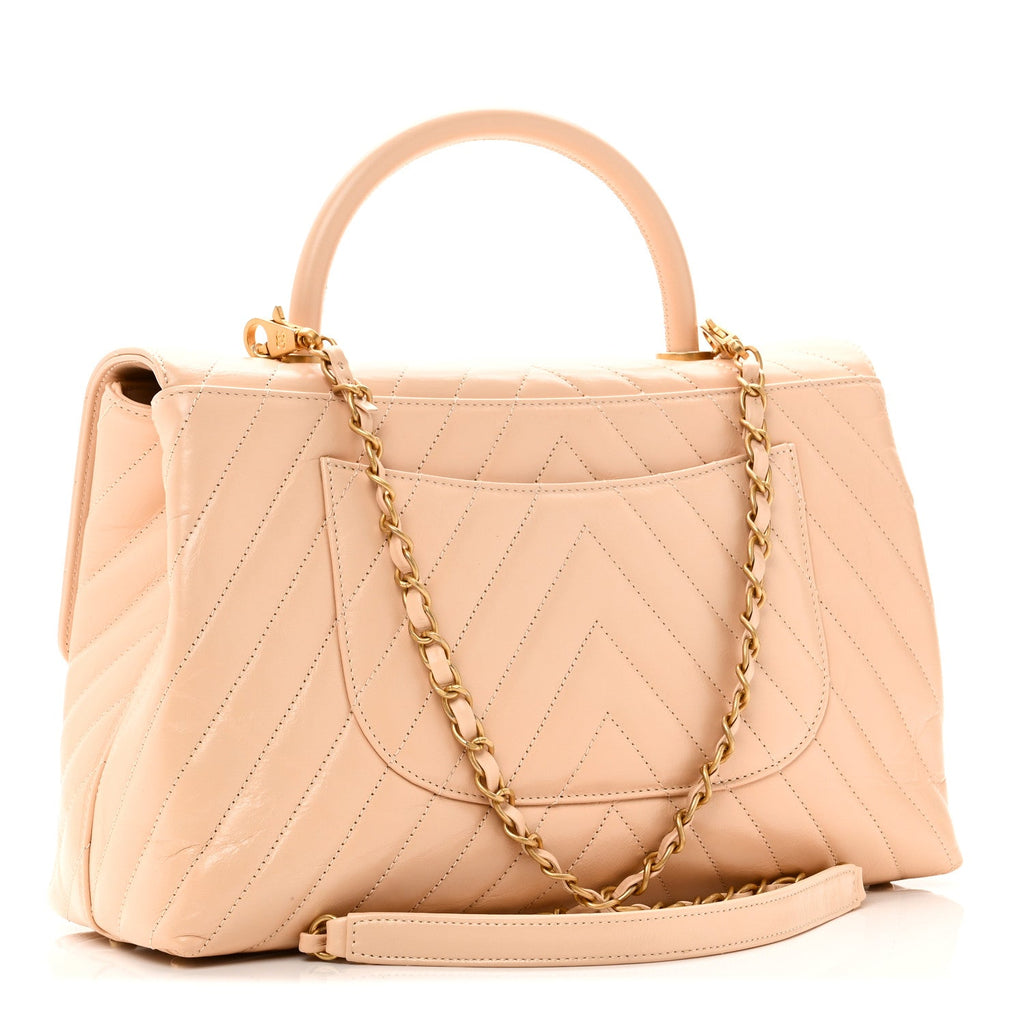 Chanel Calfskin Chevron Quilted Medium Coco Handle Flap Beige