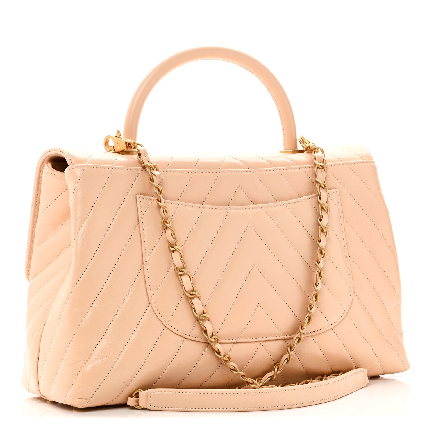 Chanel Calfskin Chevron Quilted Medium Coco Handle Flap Beige