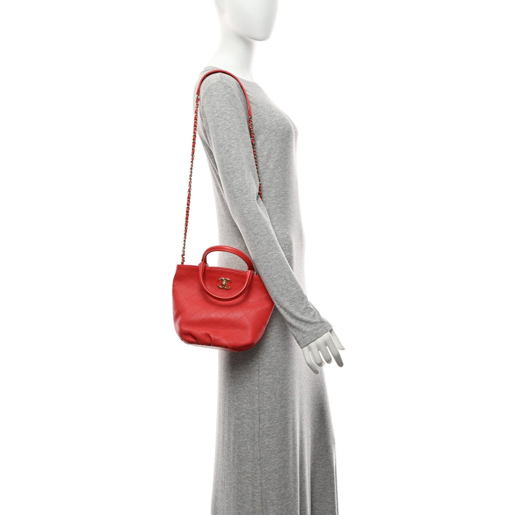 Chanel Calfskin Stitched Chain Bucket Bag Coral