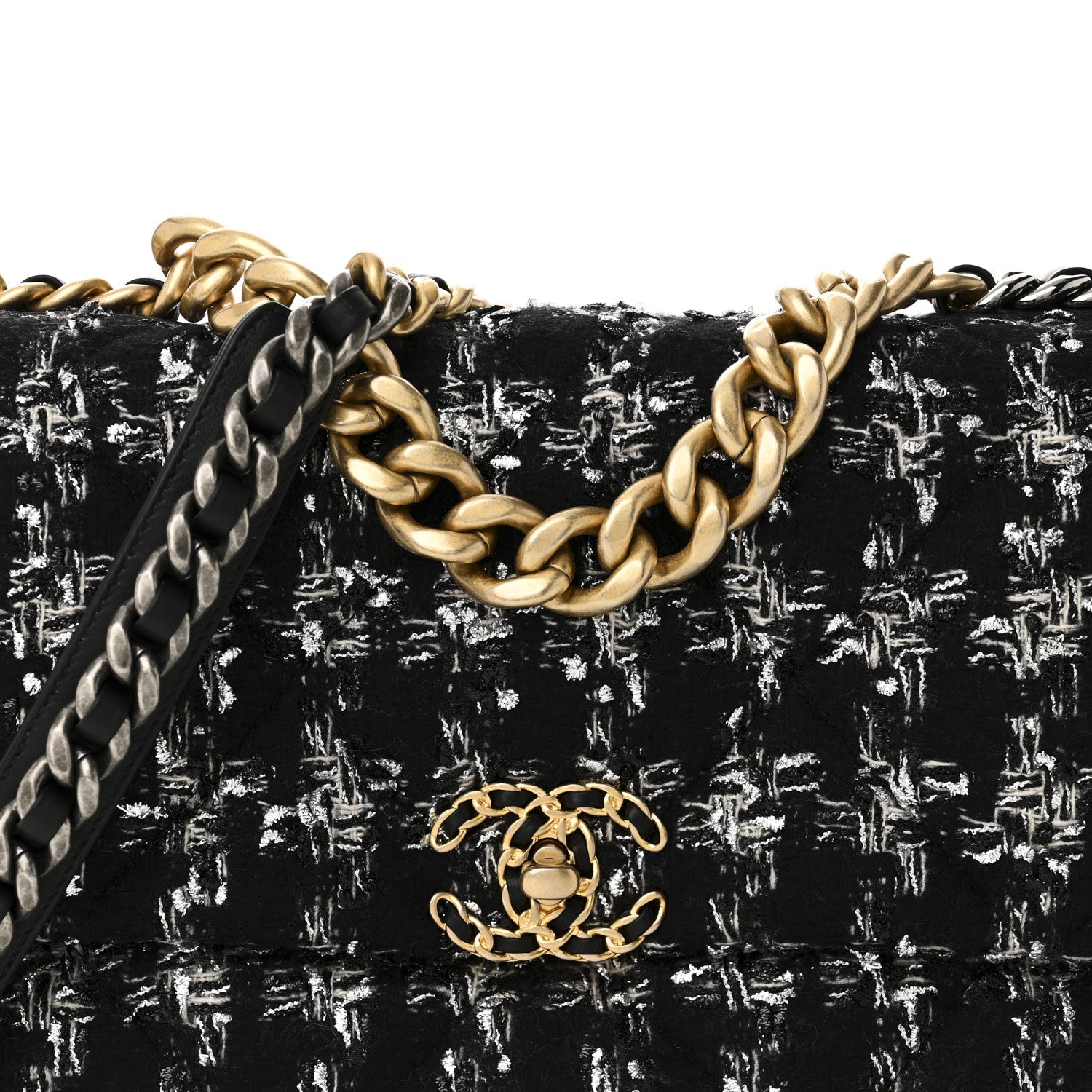 Chanel Tweed Quilted Large Chanel 19 Flap Black Silver Ecru