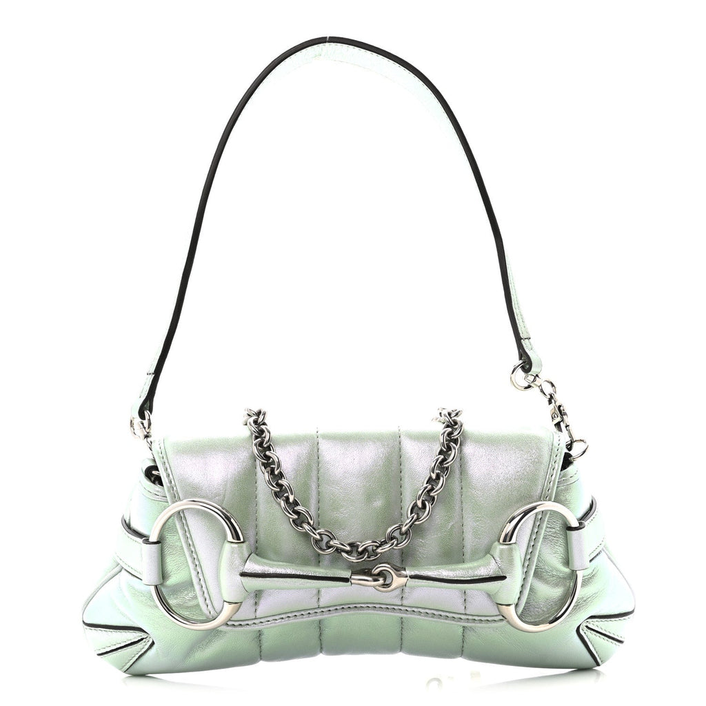 Gucci Iridescent Nappa Vertical Matelasse Small Maxi Horsebit Chain Shoulder Bag Iridescent Salvy Green