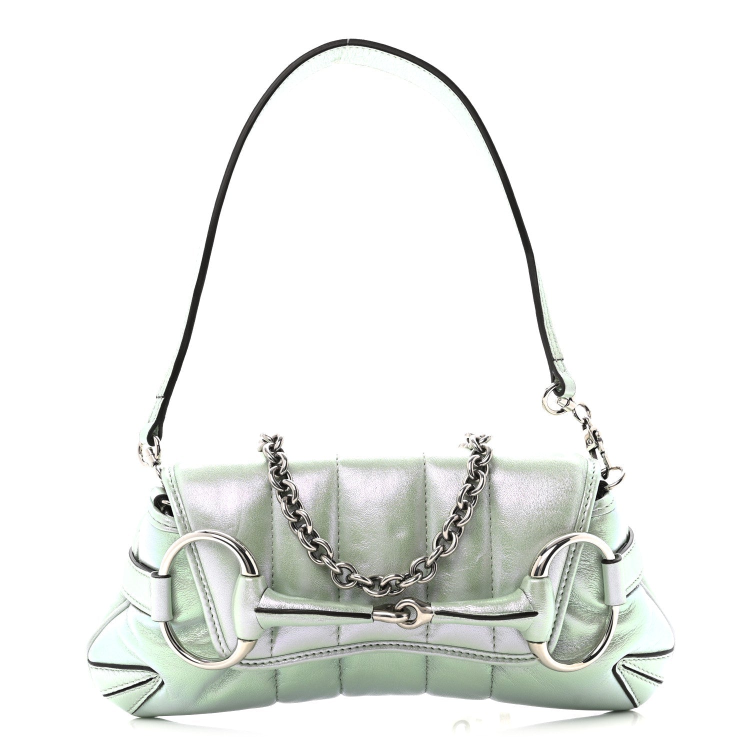 Gucci Iridescent Nappa Vertical Matelasse Small Maxi Horsebit Chain Shoulder Bag Iridescent Salvy Green
