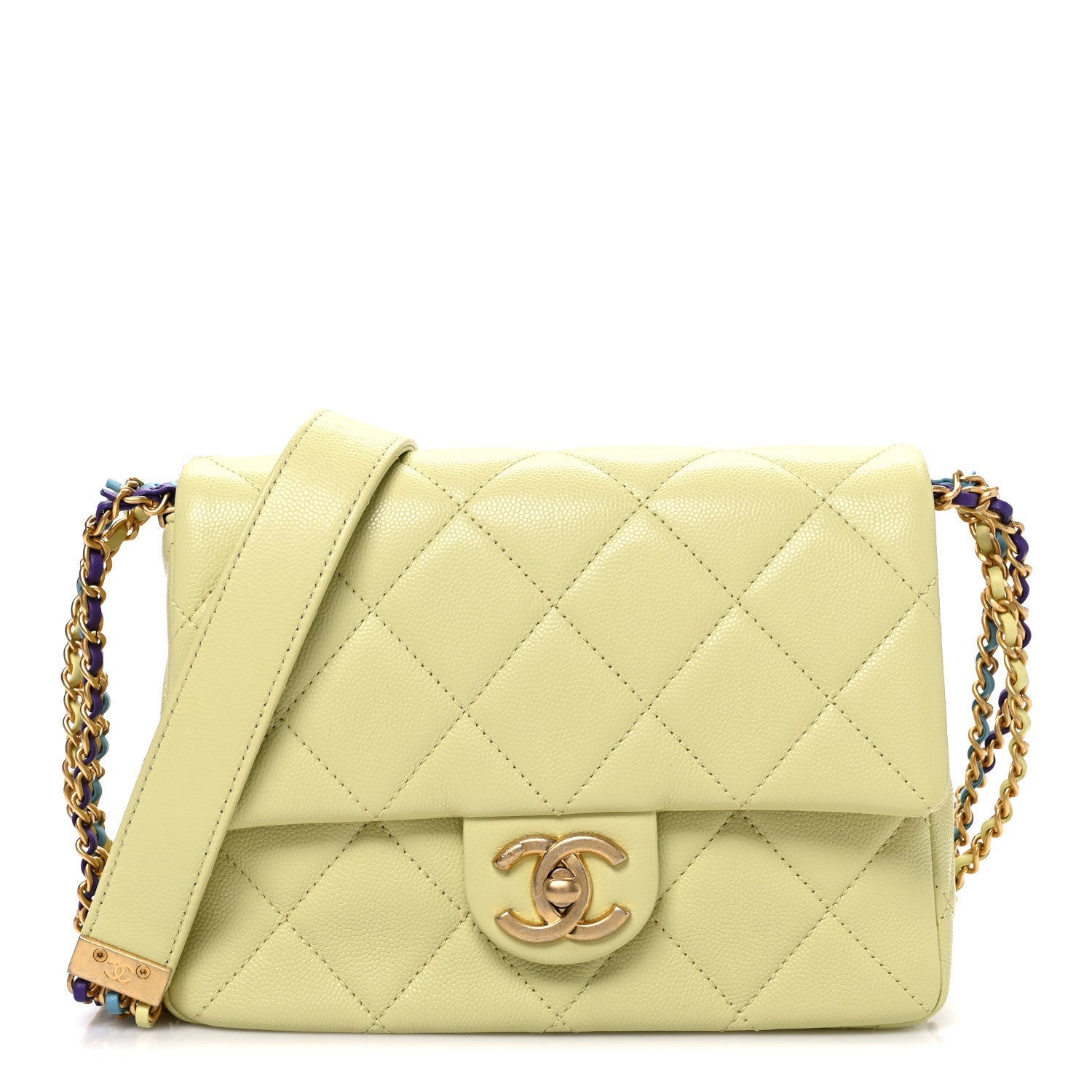 Chanel Shiny Caviar Quilted Mini Chain Messenger Flap Bag Yellow
