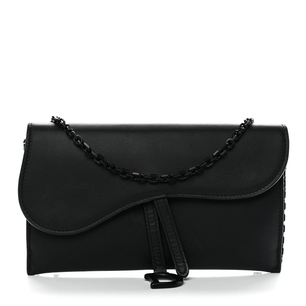 Christian Dior Ultra Matte Calfskin Saddle Chain Wallet Pouch Black