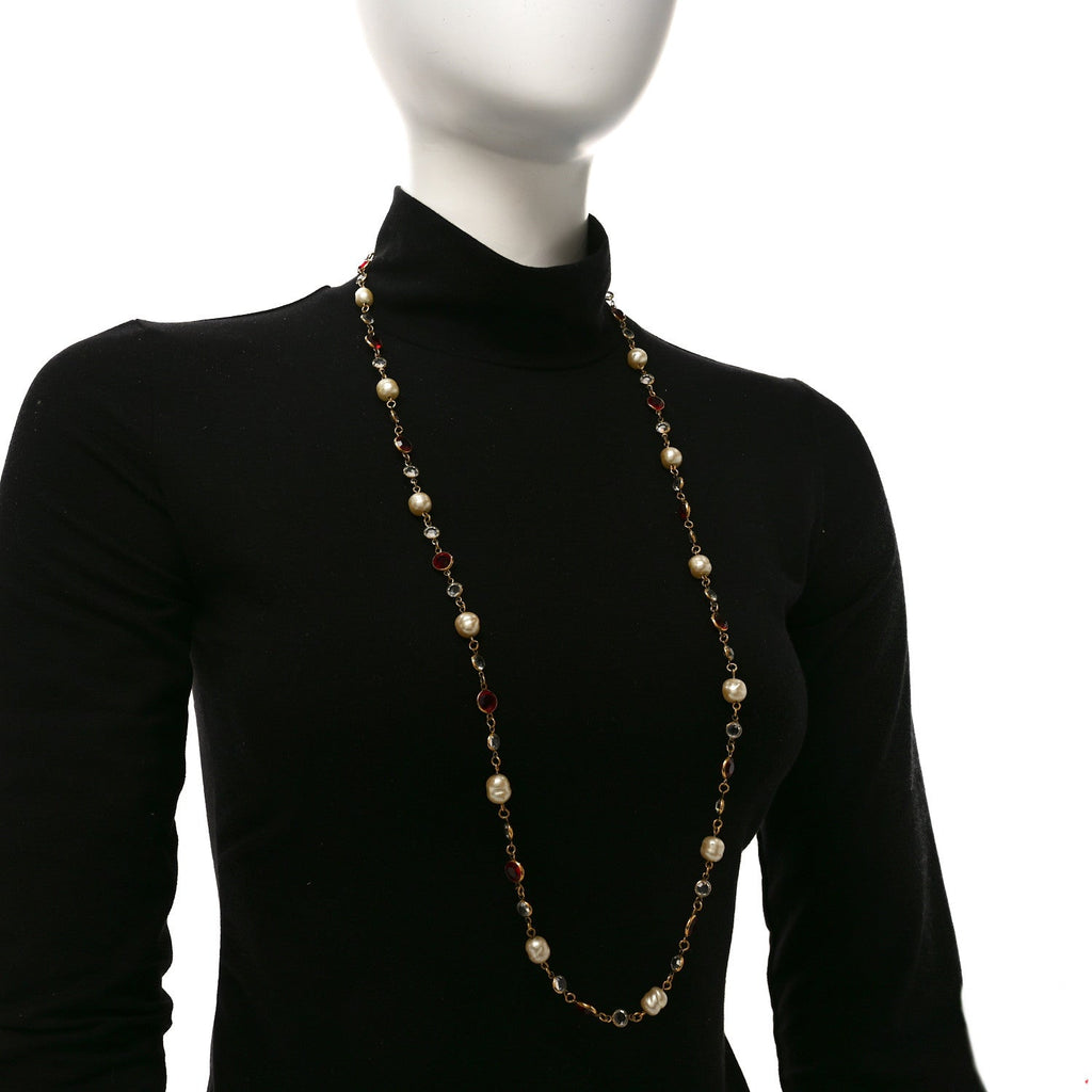 Crystal Pearl Chicklet Sautoir Necklace Red Gold