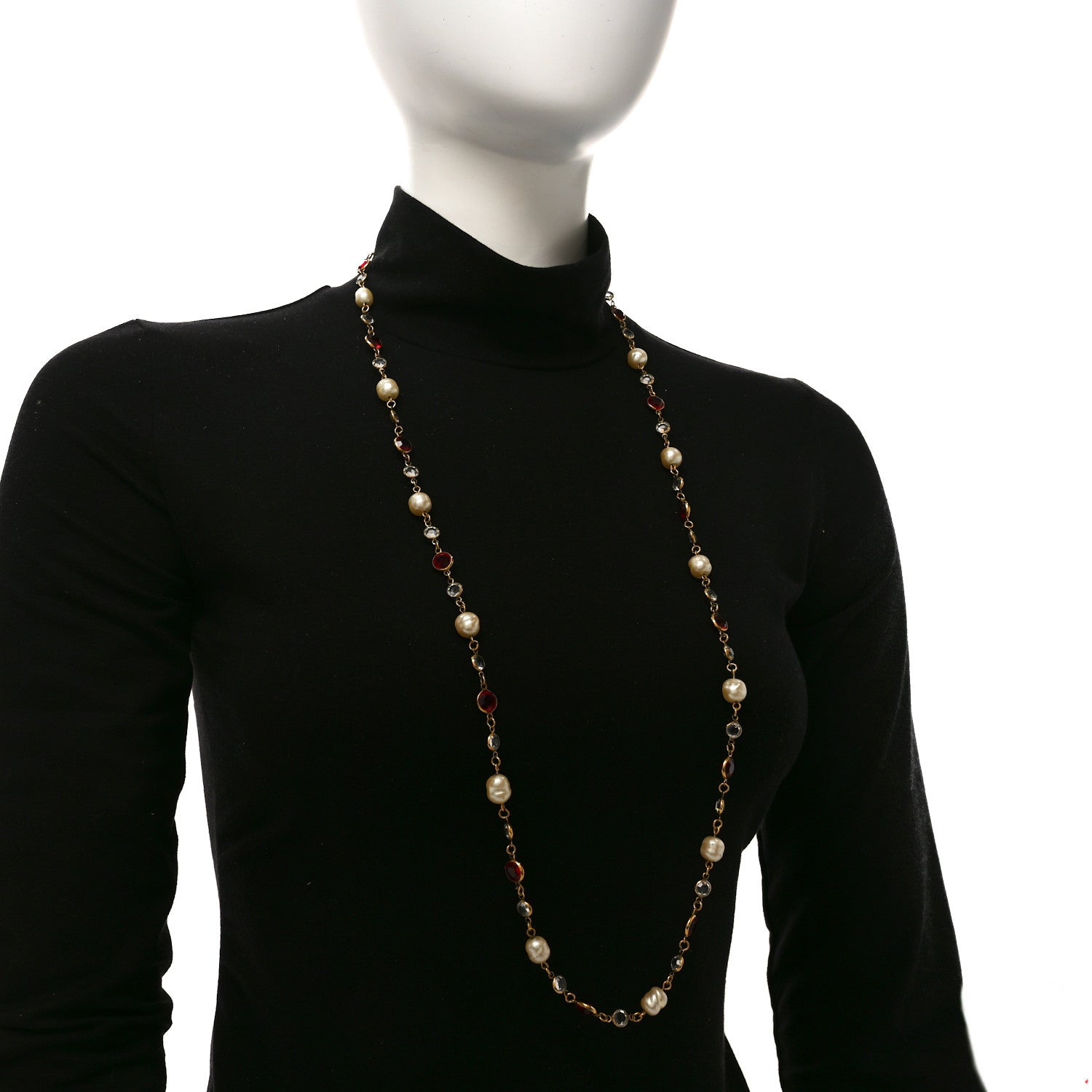 Crystal Pearl Chicklet Sautoir Necklace Red Gold