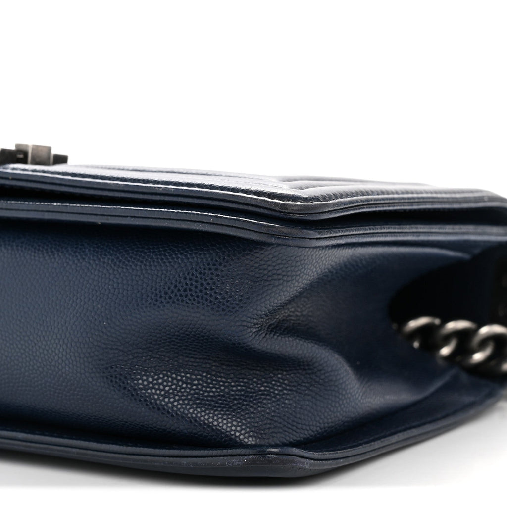 Chanel Caviar Chevron Quilted Medium Boy Flap Navy