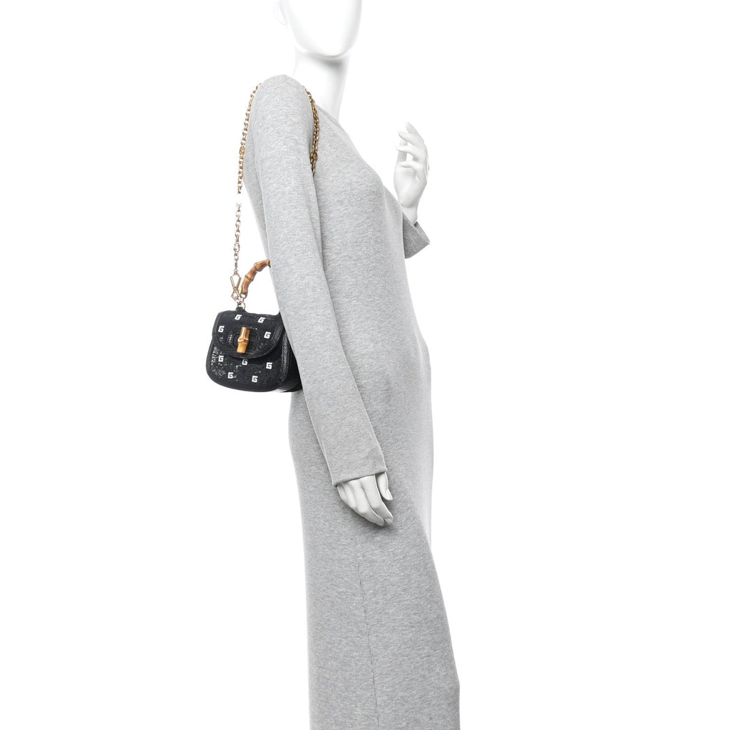 Gucci Sequin Lizard Embossed GG Mini Bamboo 1947 Top Handle Chain Bag Black White