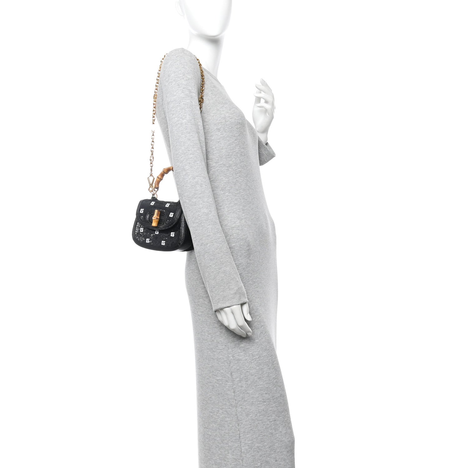 Gucci Sequin Lizard Embossed GG Mini Bamboo 1947 Top Handle Chain Bag Black White