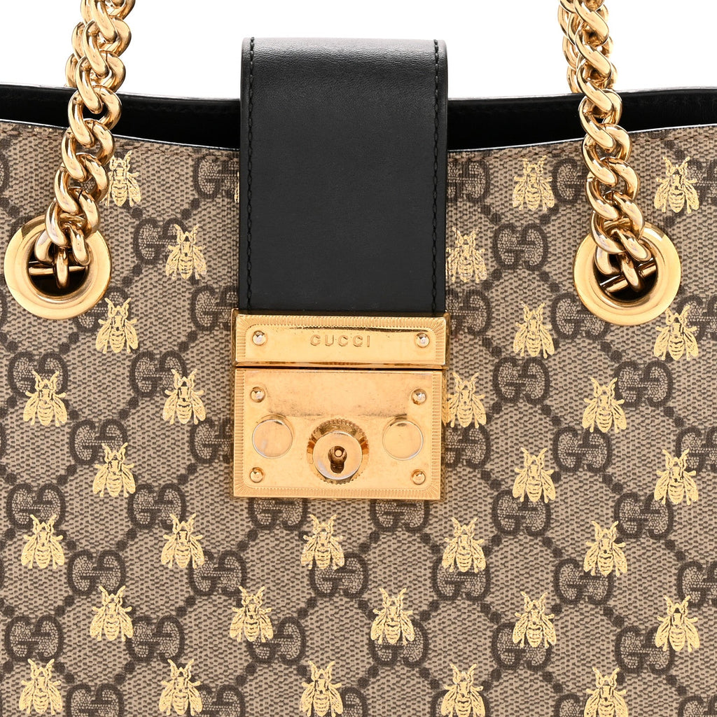 Gucci GG Supreme Monogram Bees Small Padlock Tote Beige Oro Black
