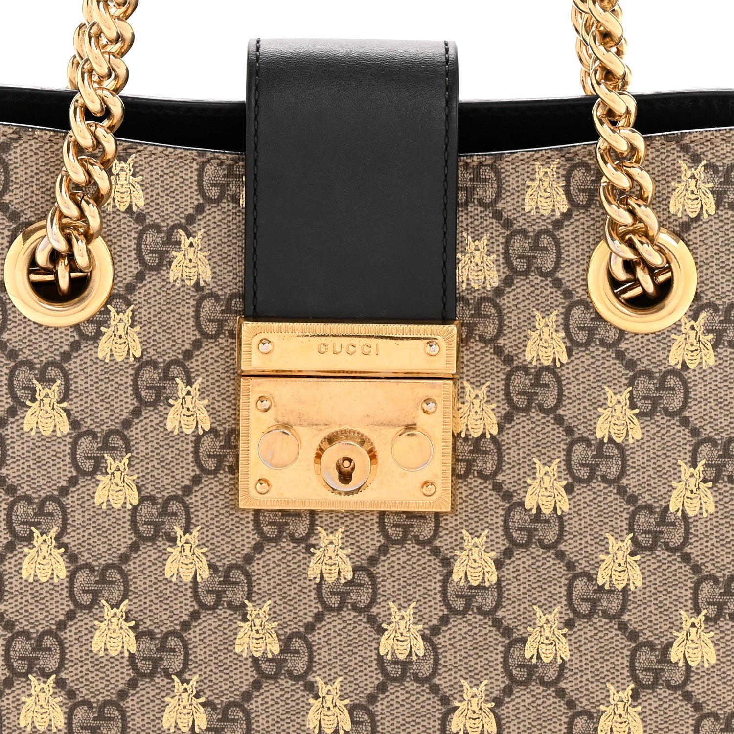 Gucci GG Supreme Monogram Bees Small Padlock Tote Beige Oro Black