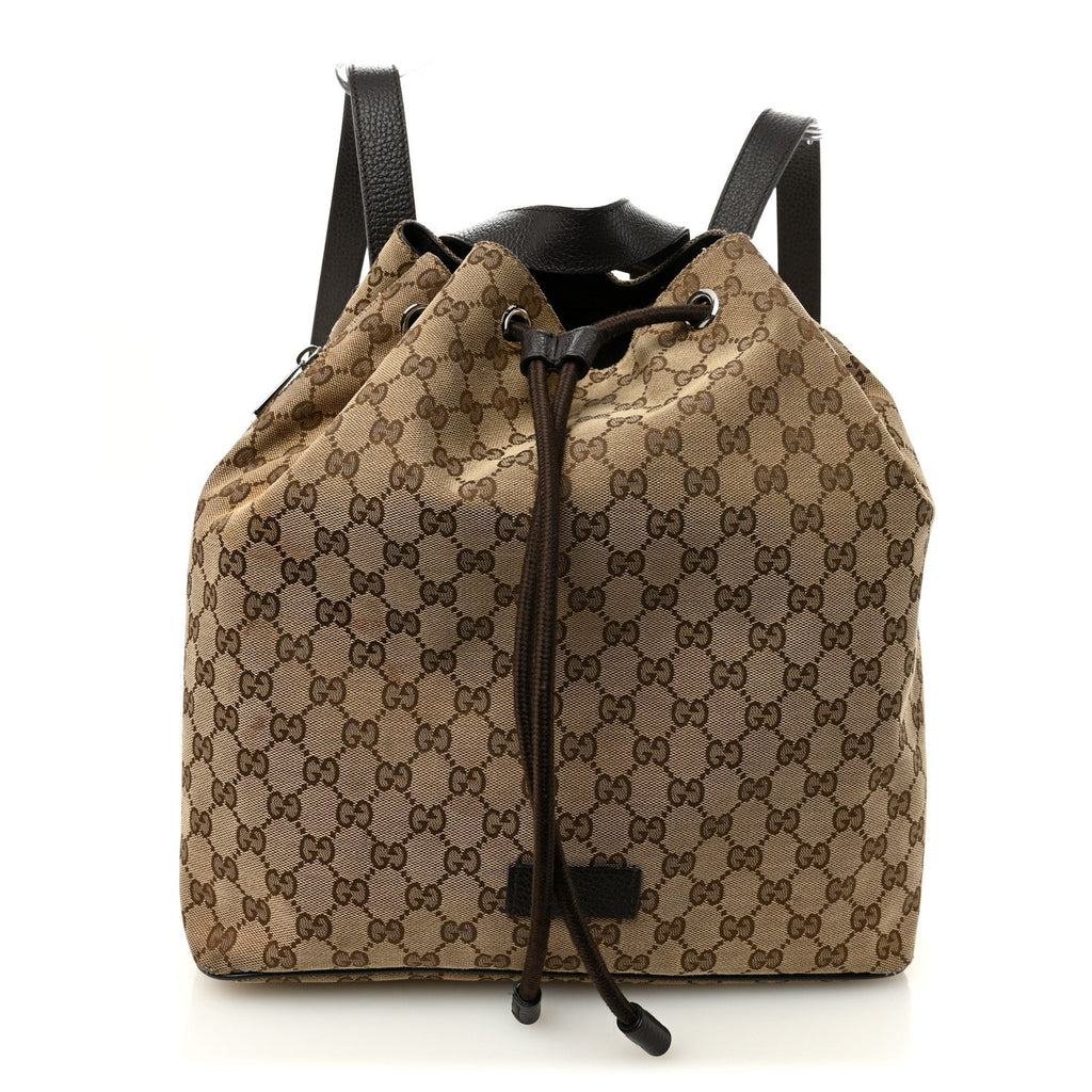 Gucci Monogram Dollar Calfskin O Drawstring Backpack Beige Ebony Testa di Moro Dark Chocolate