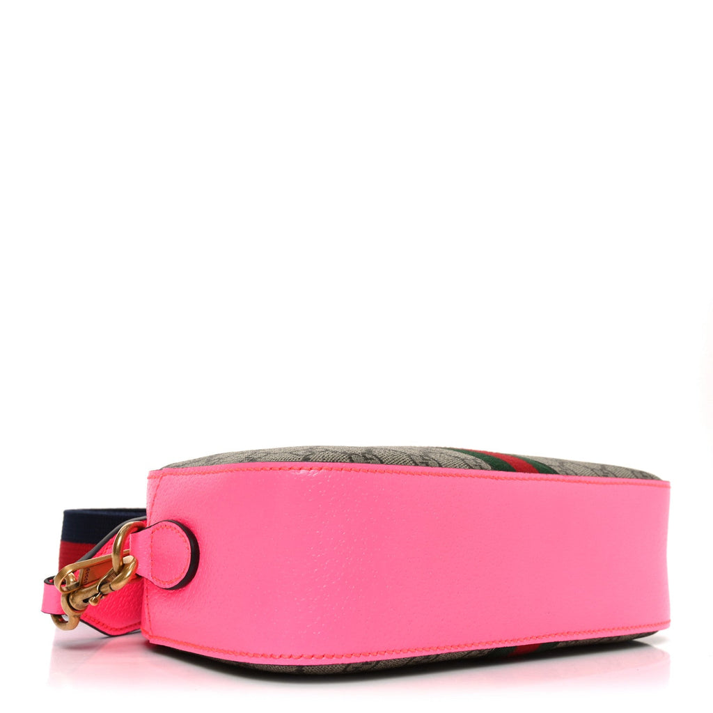 Gucci GG Supreme Monogram Textured Dollar Calfskin Web Ophidia Small Crossbody Bag Beige Ebony Fuchsia