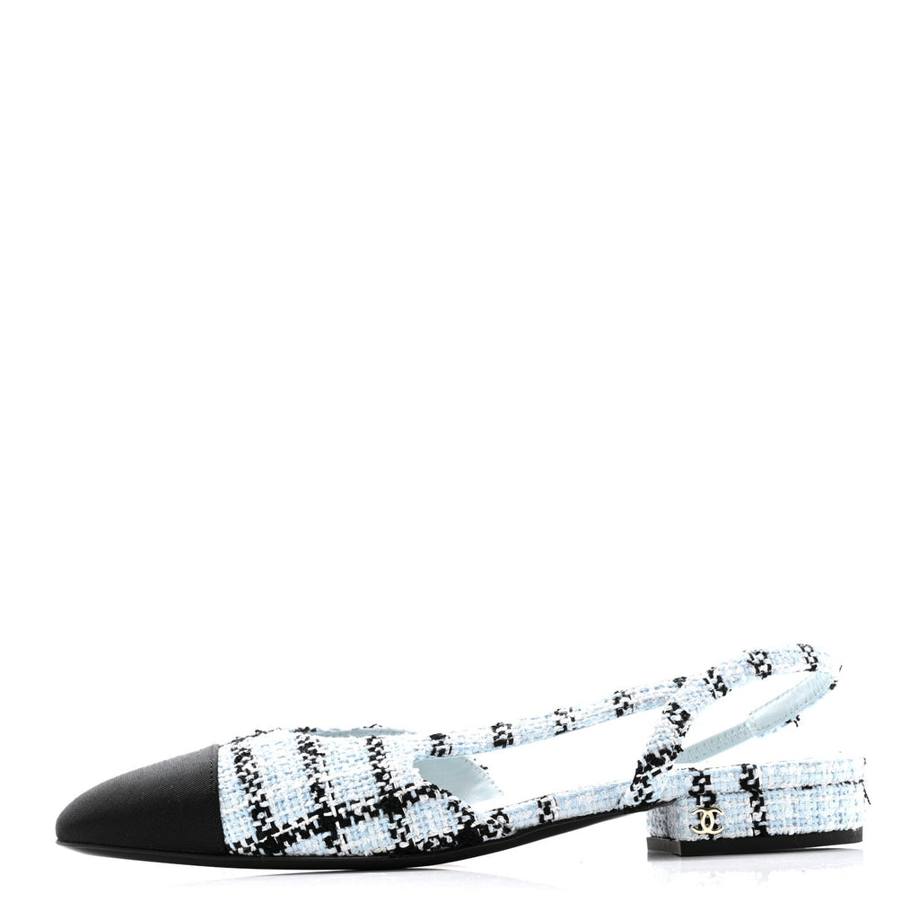 Chanel Tweed Grosgrain Cap Toe Slingback Flats 37 Blue White Black