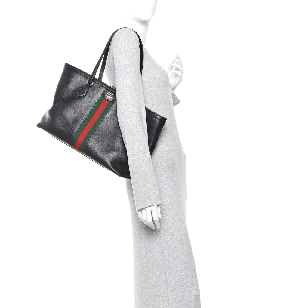 Gucci Textured Calfskin Web Medium Ophidia Shopping Tote Black