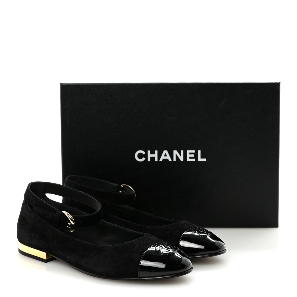 Chanel Suede Patent Cap Toe CC Mary Jane Flats 37 Black