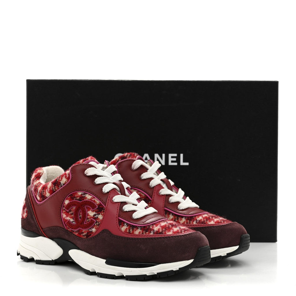 Chanel Wool Tweed Suede Calfskin Womens CC Sneakers 36 Red White Dark Brown Burgundy