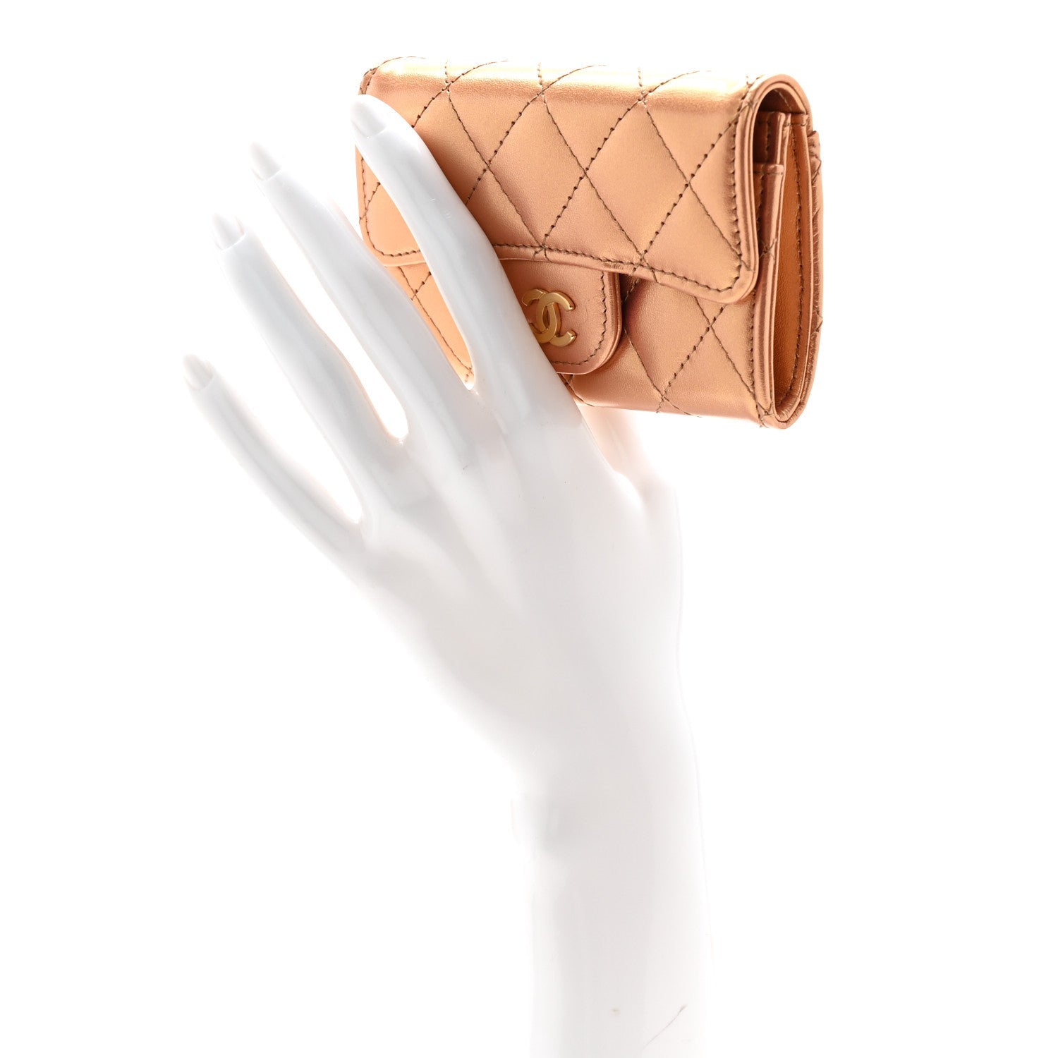 Metallic Lambskin Quilted Flap Card Holder Wallet Golden