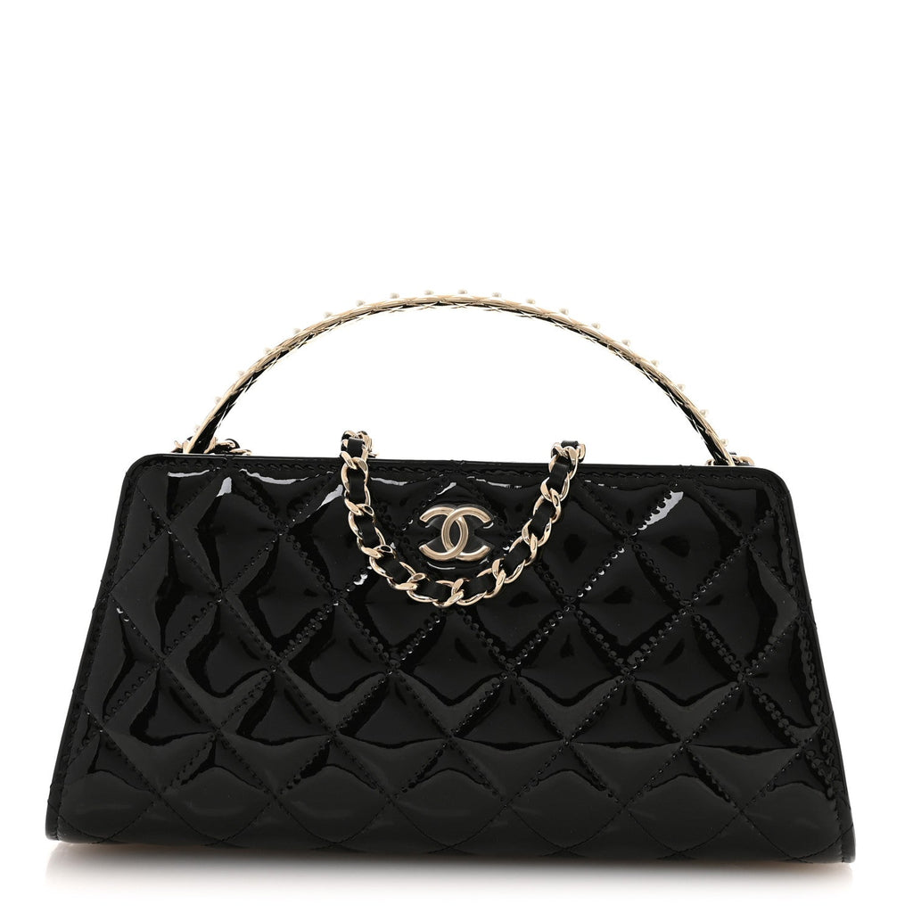 Chanel Patent Calfskin Quilted Pearl Clutch With Chain Black