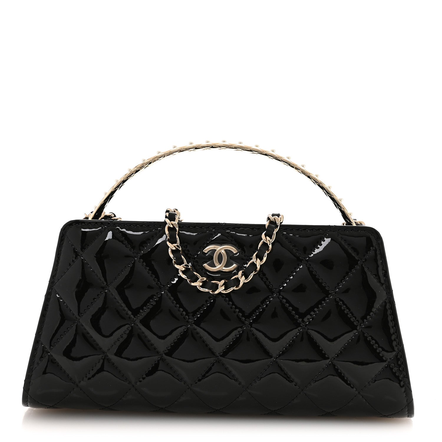 Chanel Patent Calfskin Quilted Pearl Clutch With Chain Black