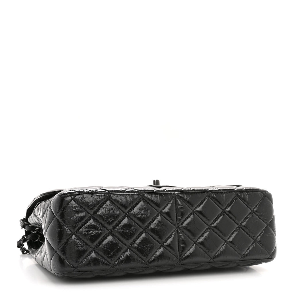Chanel Shiny Crumpled Calfskin Quilted Jumbo Double Flap So Black