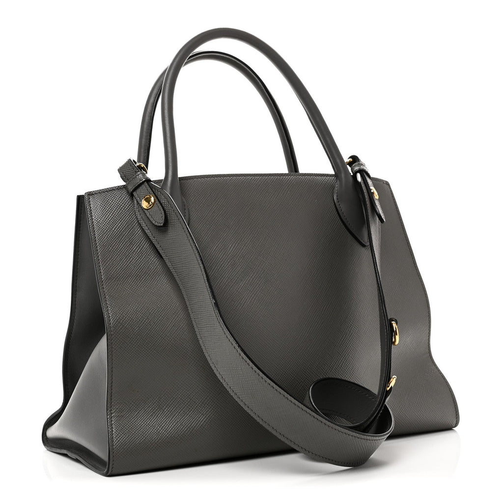 Prada Saffiano Cuir Calfskin Medium Monochrome Top Handle Tote Ardesia