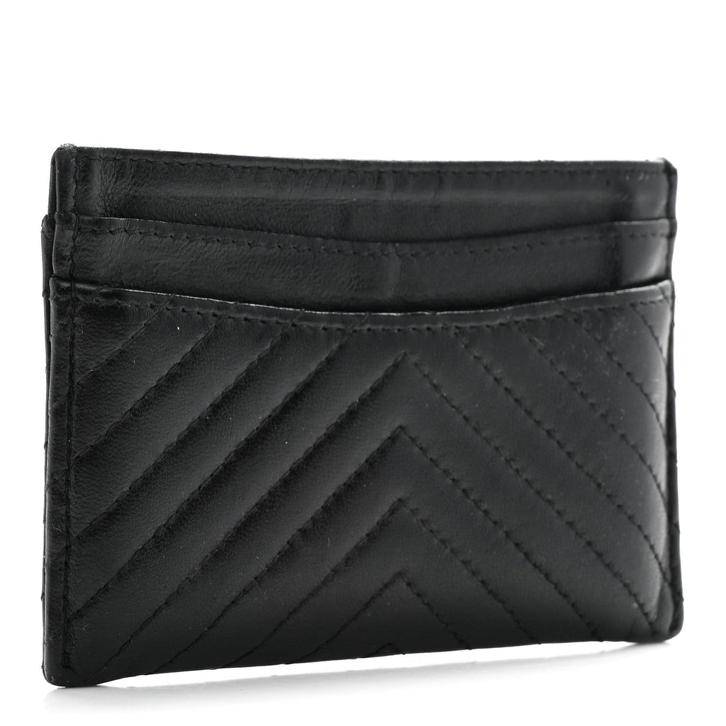 Lambskin Chevron Quilted Card Holder Black