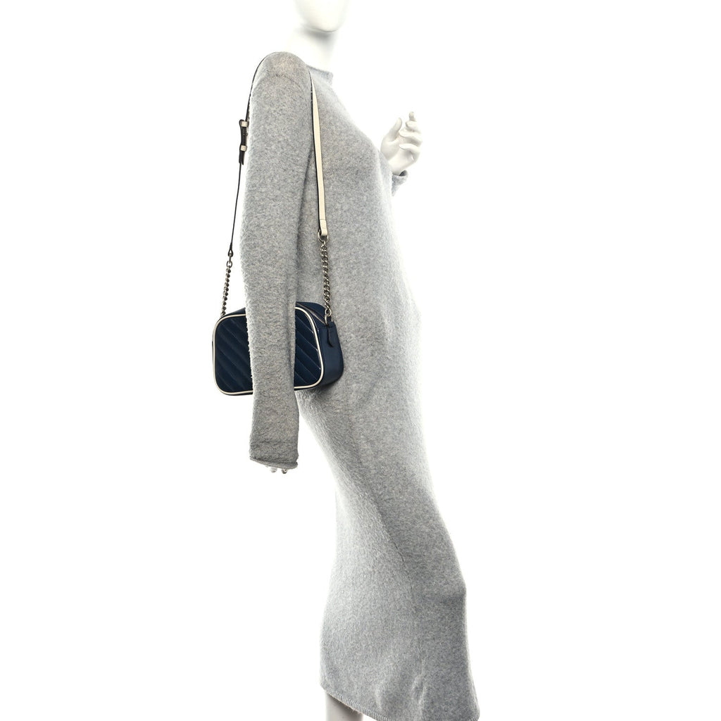 Gucci Vintage Effect Calfskin Matelasse Diagonal Small Torchon GG Marmont Chain Shoulder Bag Blue Agata Mystic White