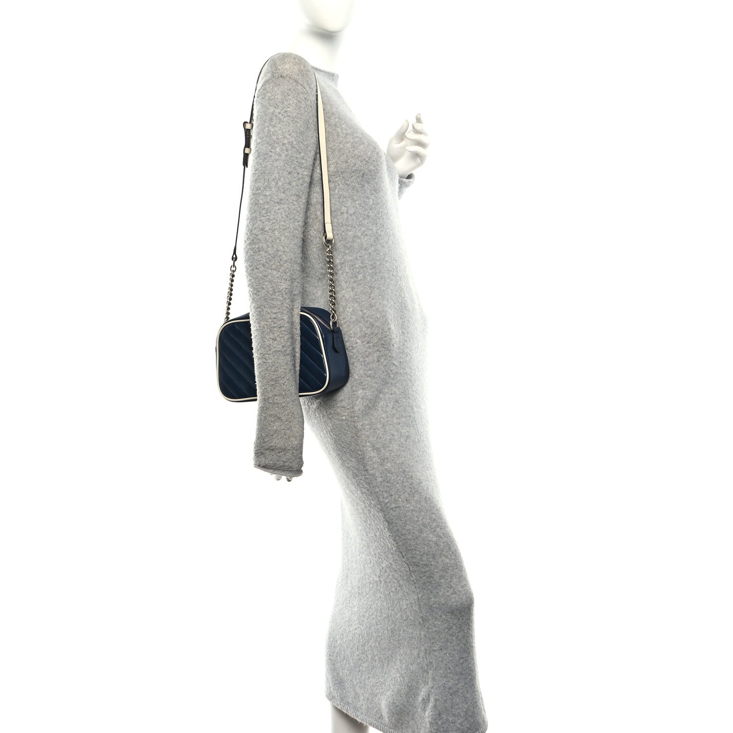 Gucci Vintage Effect Calfskin Matelasse Diagonal Small Torchon GG Marmont Chain Shoulder Bag Blue Agata Mystic White