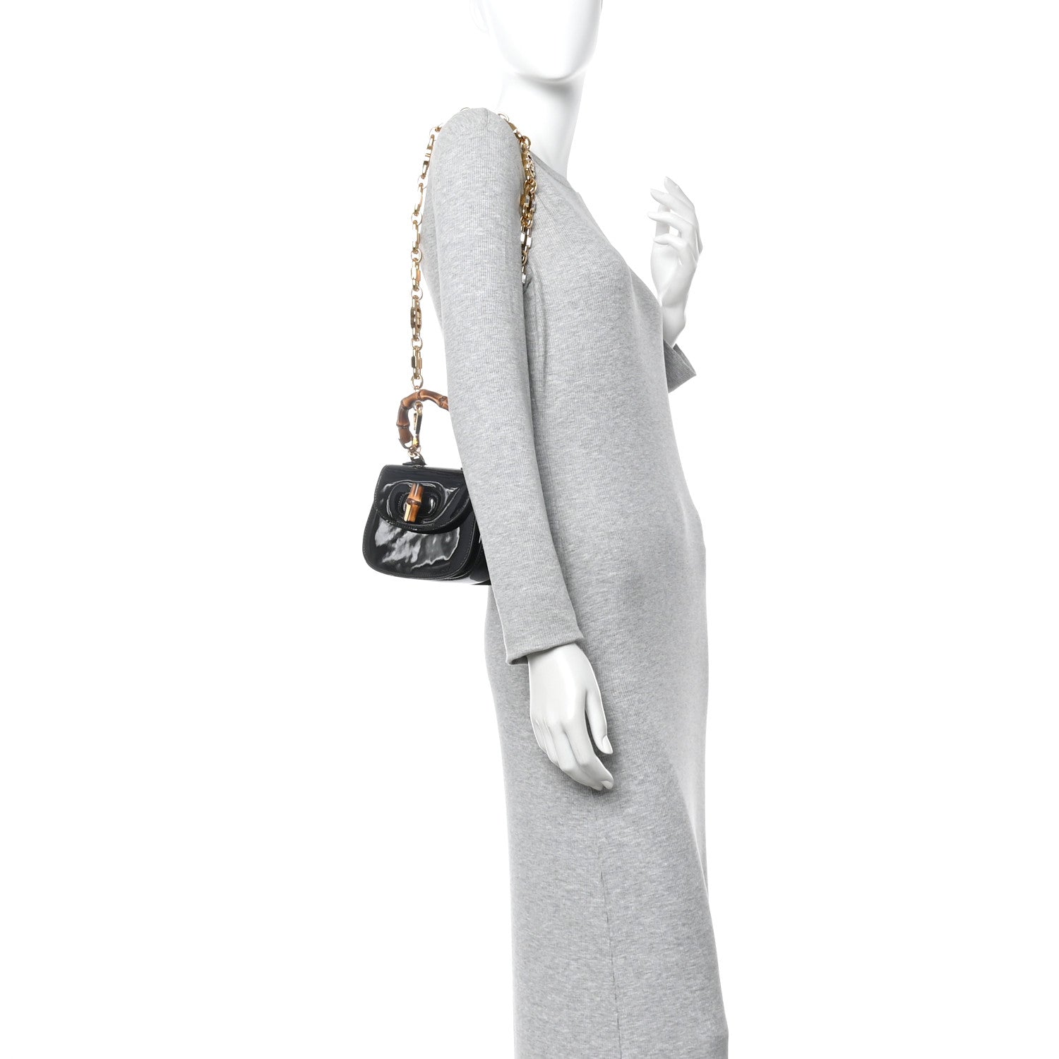 Gucci Patent Crystal Mini Bamboo 1947 Top Handle Chain Bag Black