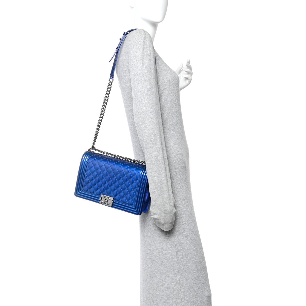 Chanel Metallic Patent Quilted New Medium Boy Flap Blue