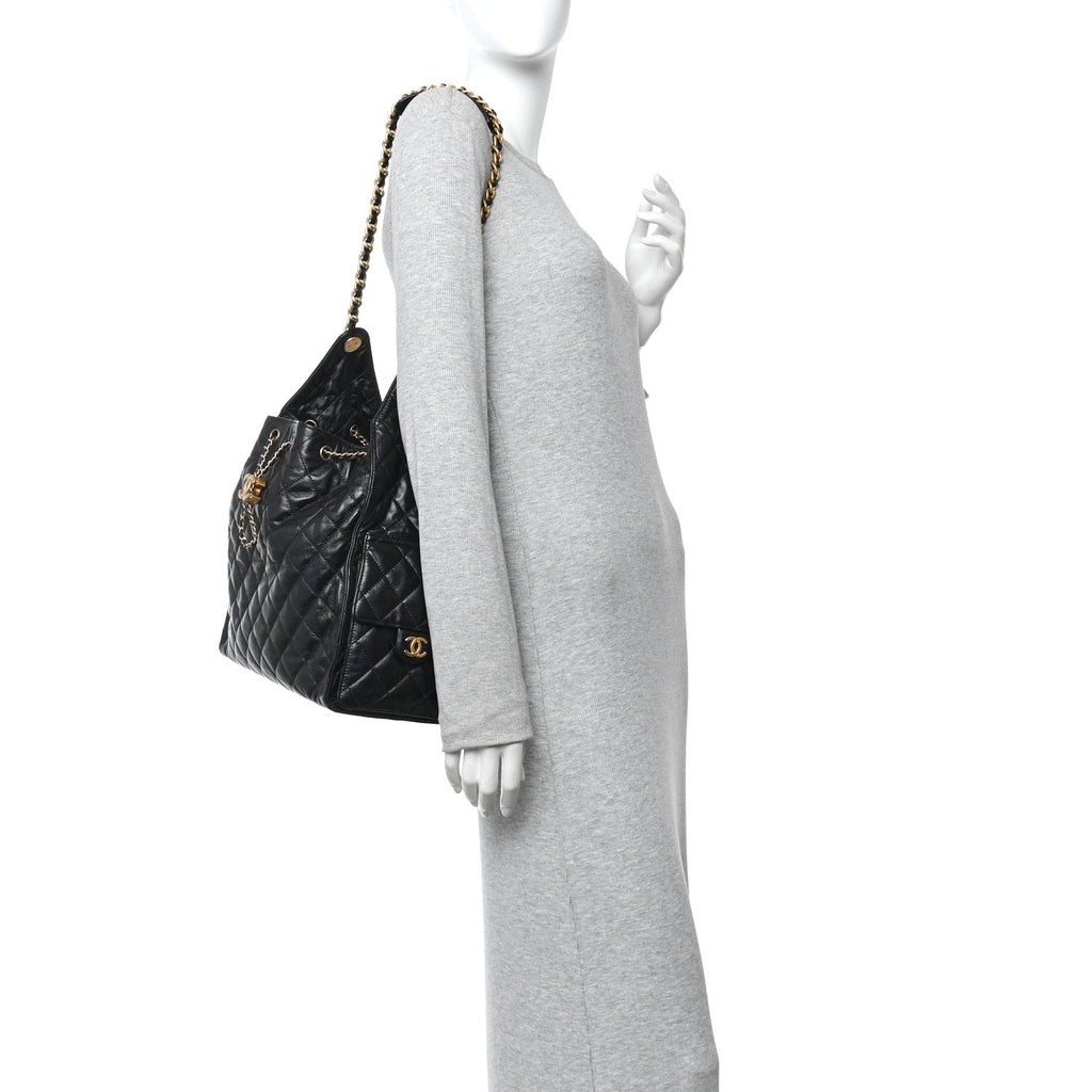 Chanel Shiny Crumpled Calfskin Quilted Medium Chanel 25 Handbag Black