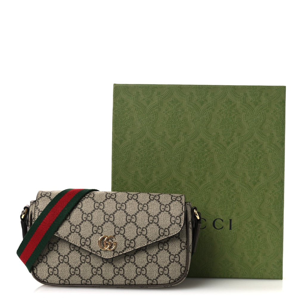 Gucci GG Supreme Monogram Textured Dollar Calfskin Web Mini Ophidia Envelope Shoulder Bag Beige Ebony New Acero