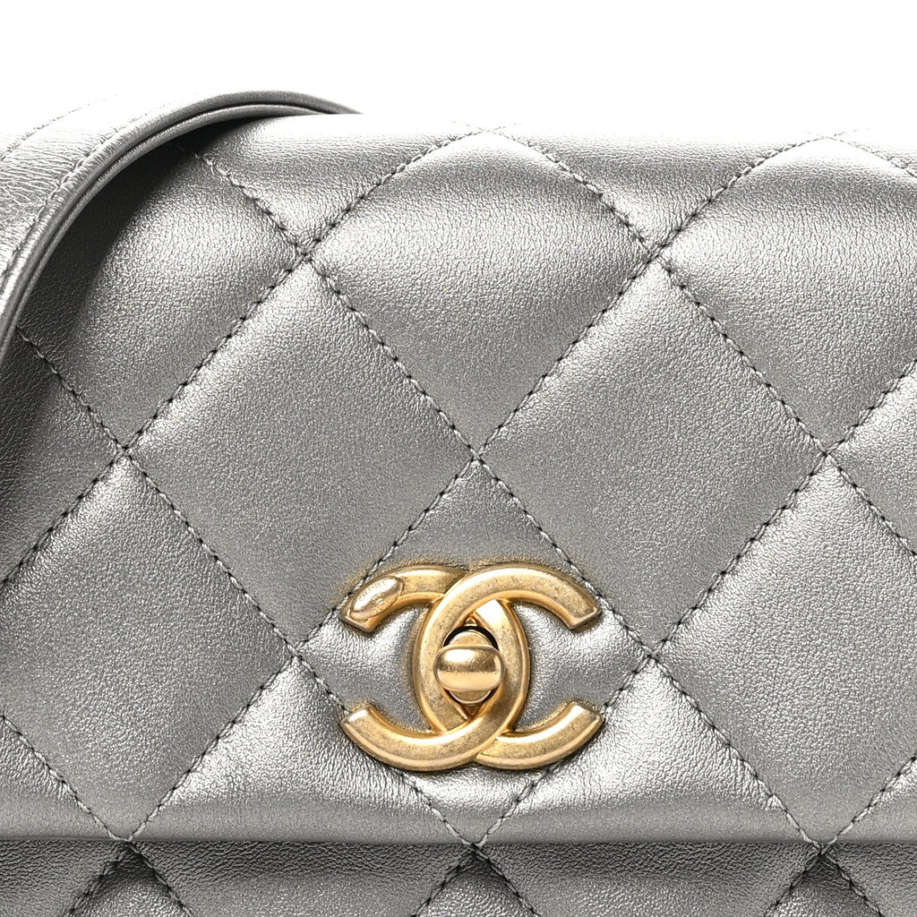 Chanel Metallic Lambskin Quilted Mini Side Note Flap Grey