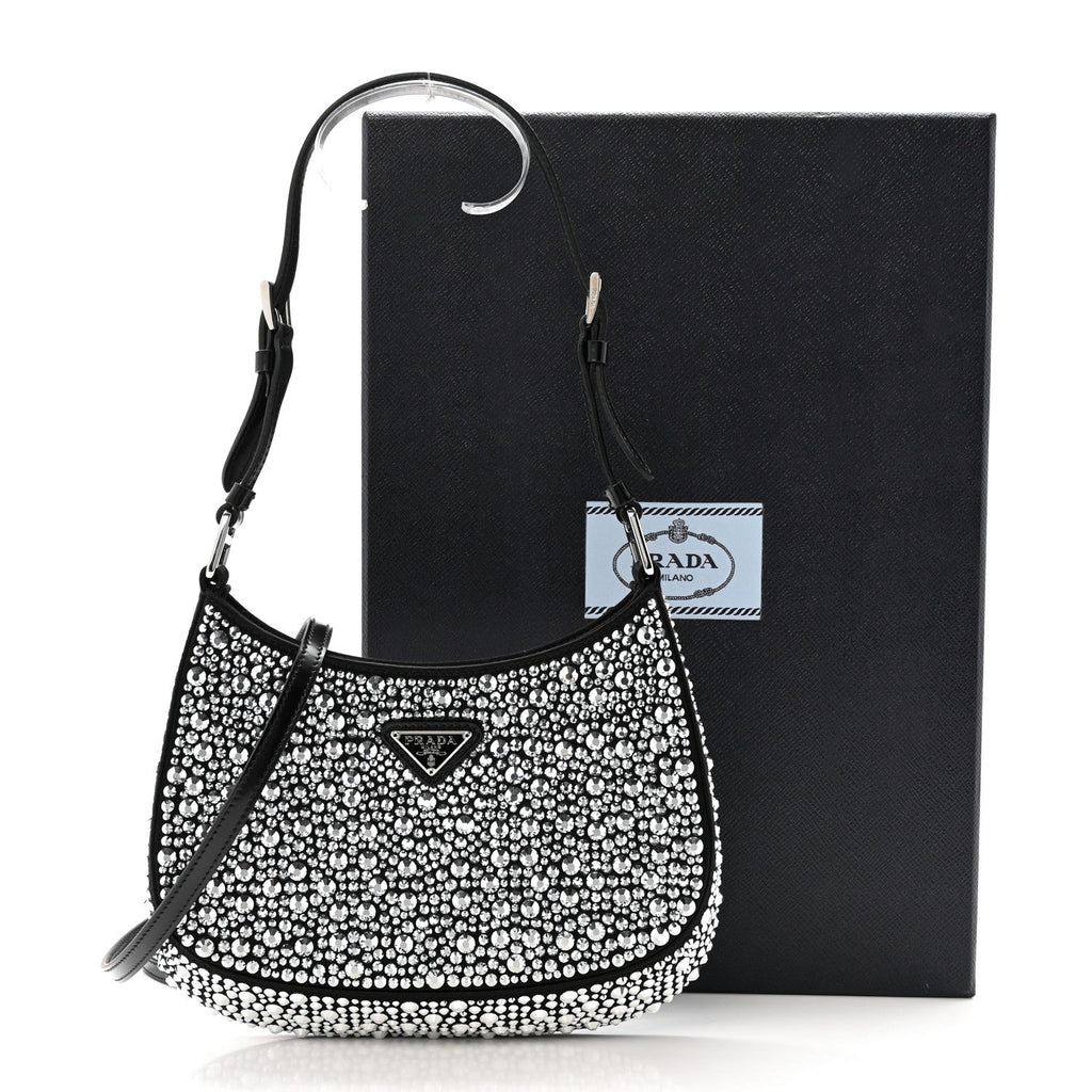 Prada Satin Crystal Cleo Adjustable Strap Shoulder Bag Metal